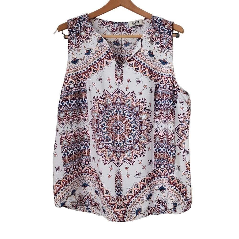 Verse‎ Sleeveless Blouse White Multicolor Mandala Print Boho Tank Top XXL